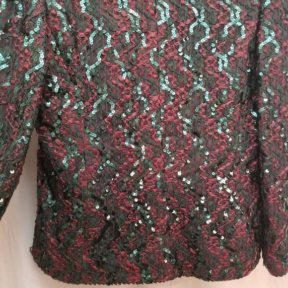 VTG Lacey Sequin Jacket Union Tag Sz L Red Green Retro Elegant MOB Festive Glam - Picture 10 of 11